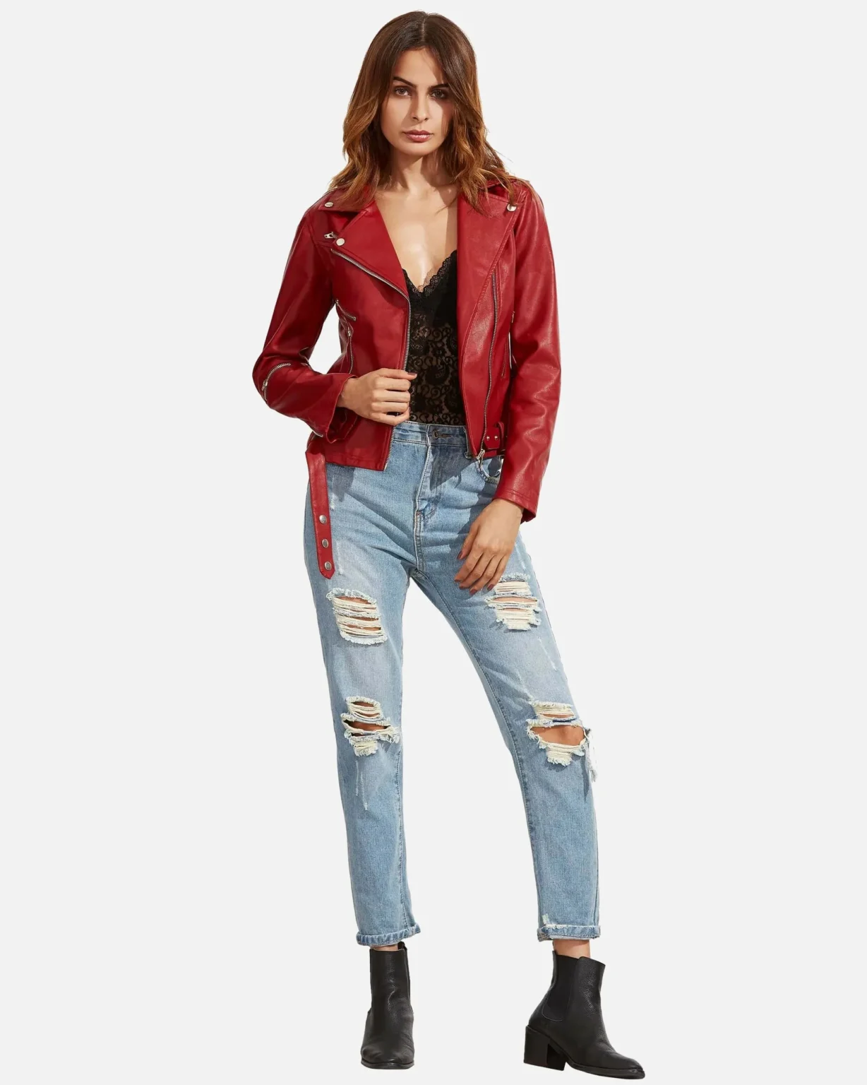 Women Red Langarm Moto Leather Jacket