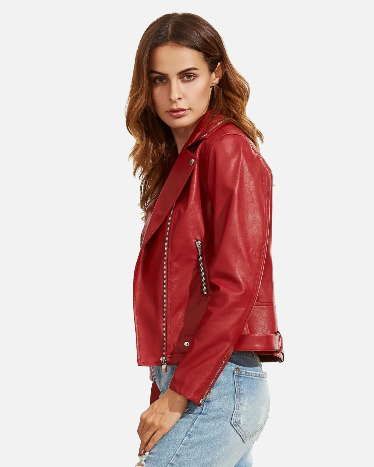 Women Red Langarm Moto Leather Jacket