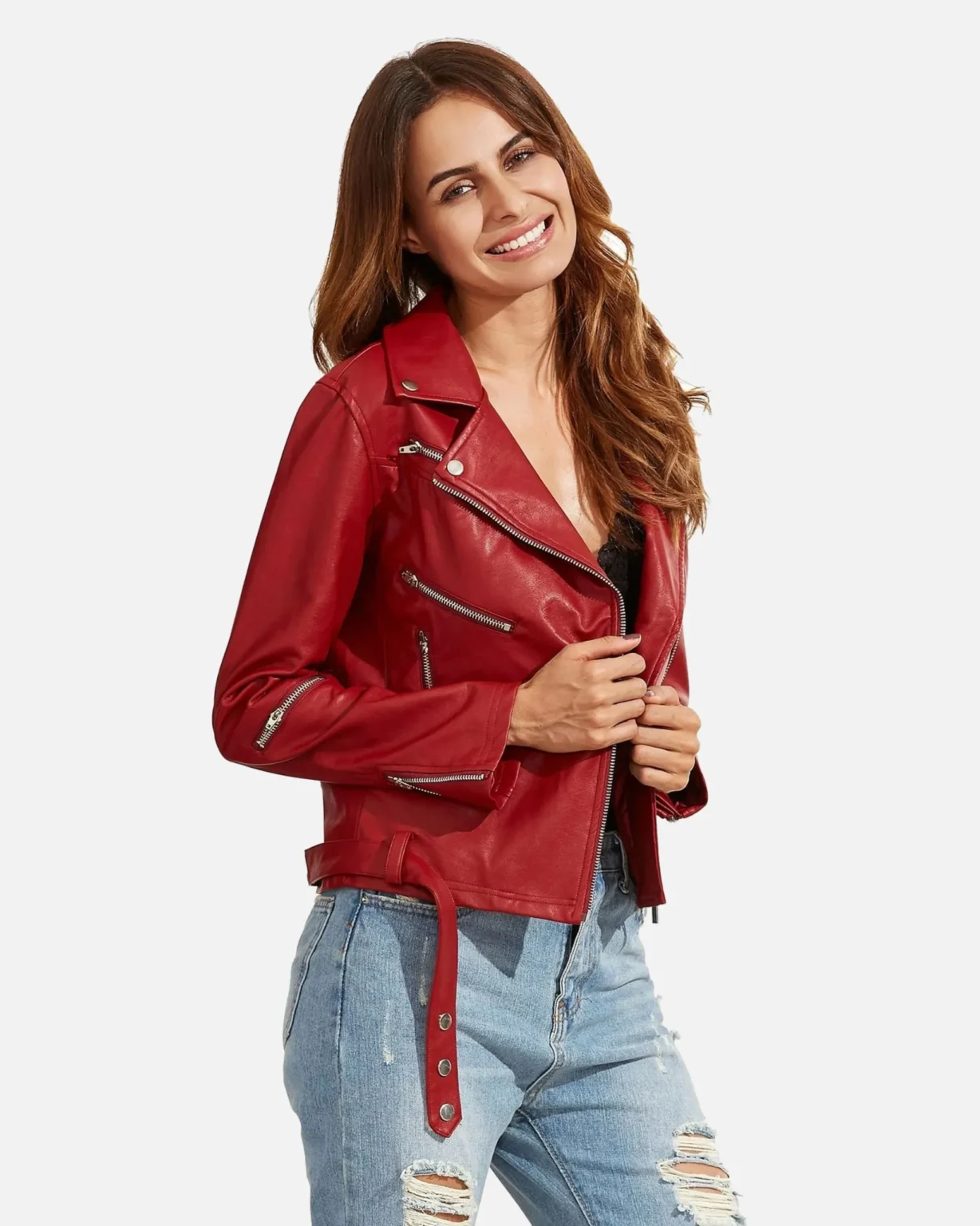 Women Red Langarm Moto Leather Jacket