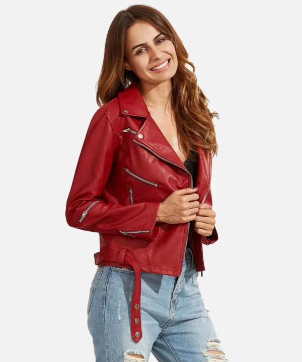 Women Red Langarm Moto Leather Jacket