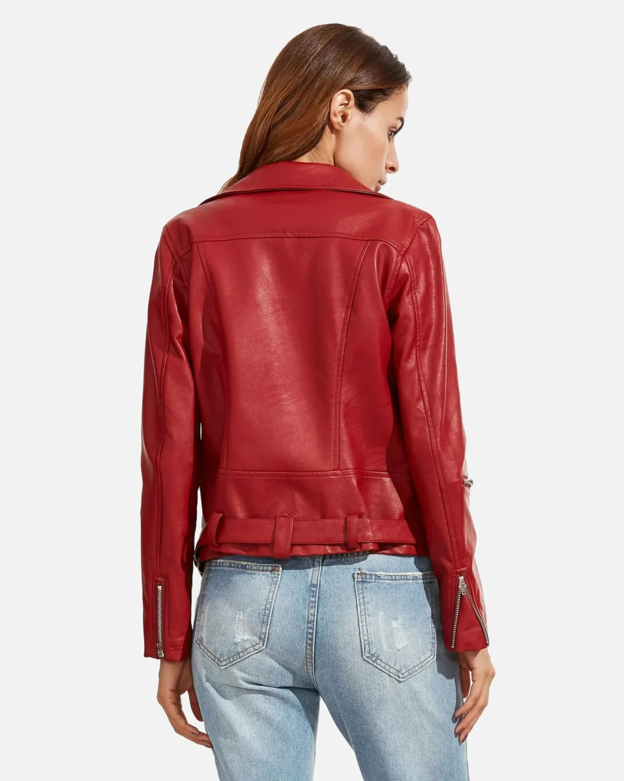 Women Red Langarm Moto Leather Jacket