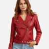 Women Red Langarm Moto Leather Jacket