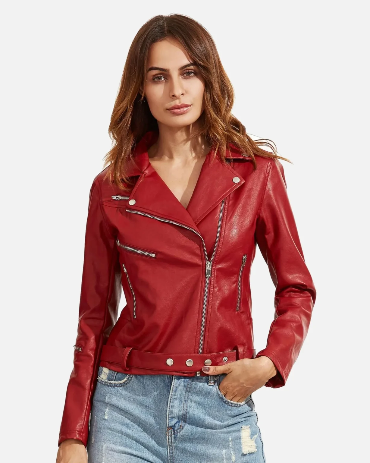 Women Red Langarm Moto Leather Jacket