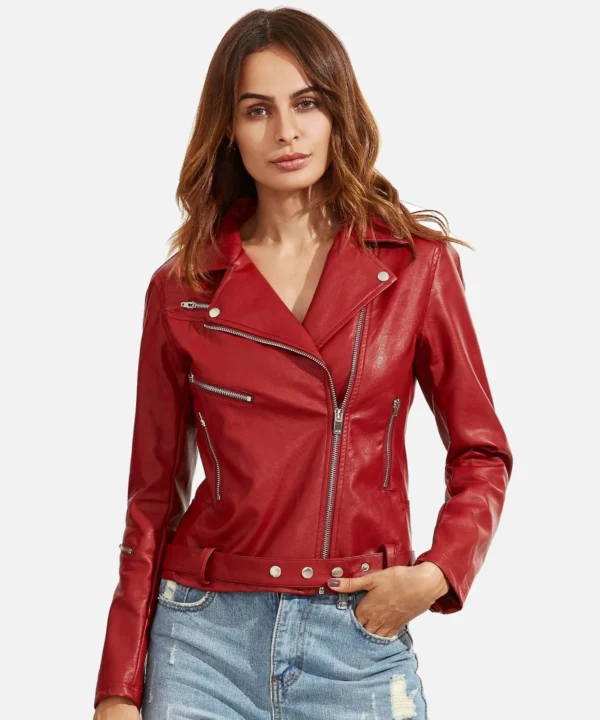 Women Red Langarm Moto Leather Jacket