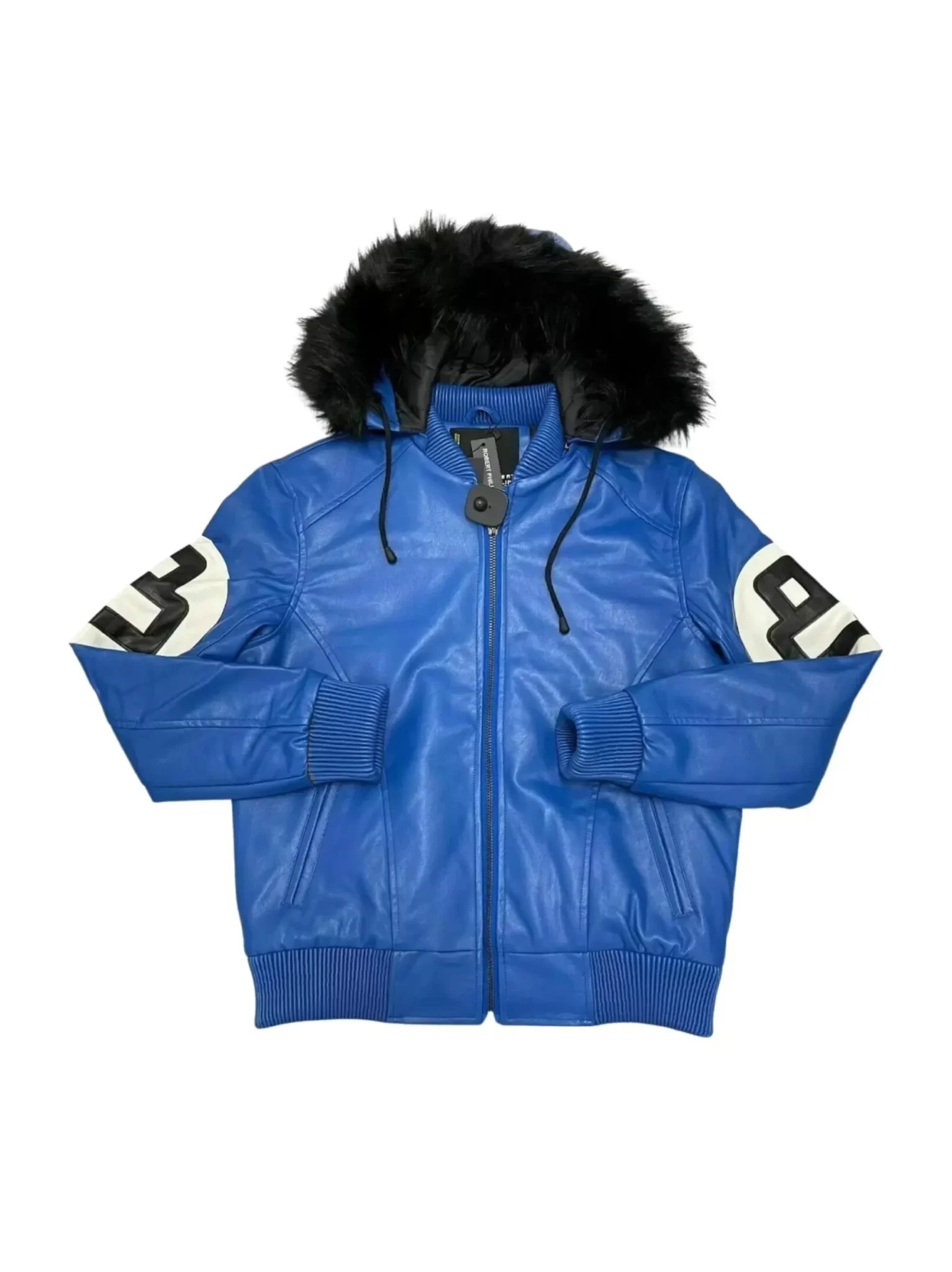 Synthetic 8 Ball Blue Hooded Leather Jacket