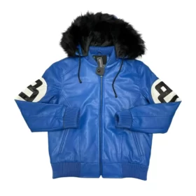 Synthetic 8 Ball Blue Hooded Leather Jacket