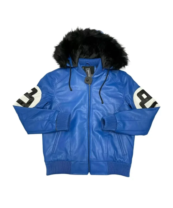 Synthetic 8 Ball Blue Hooded Leather Jacket