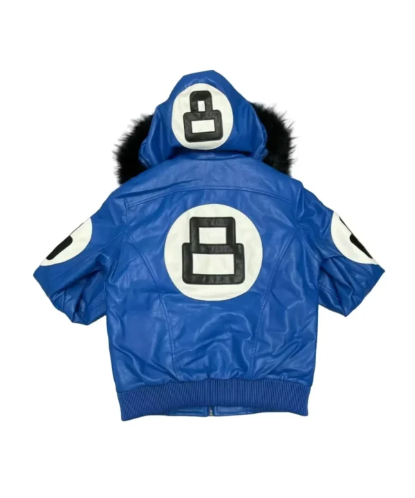 Synthetic 8 Ball Blue Hooded Leather Jacket