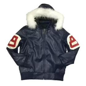 Kids 8 Ball Navy Leather Bomber Hooded Jacket