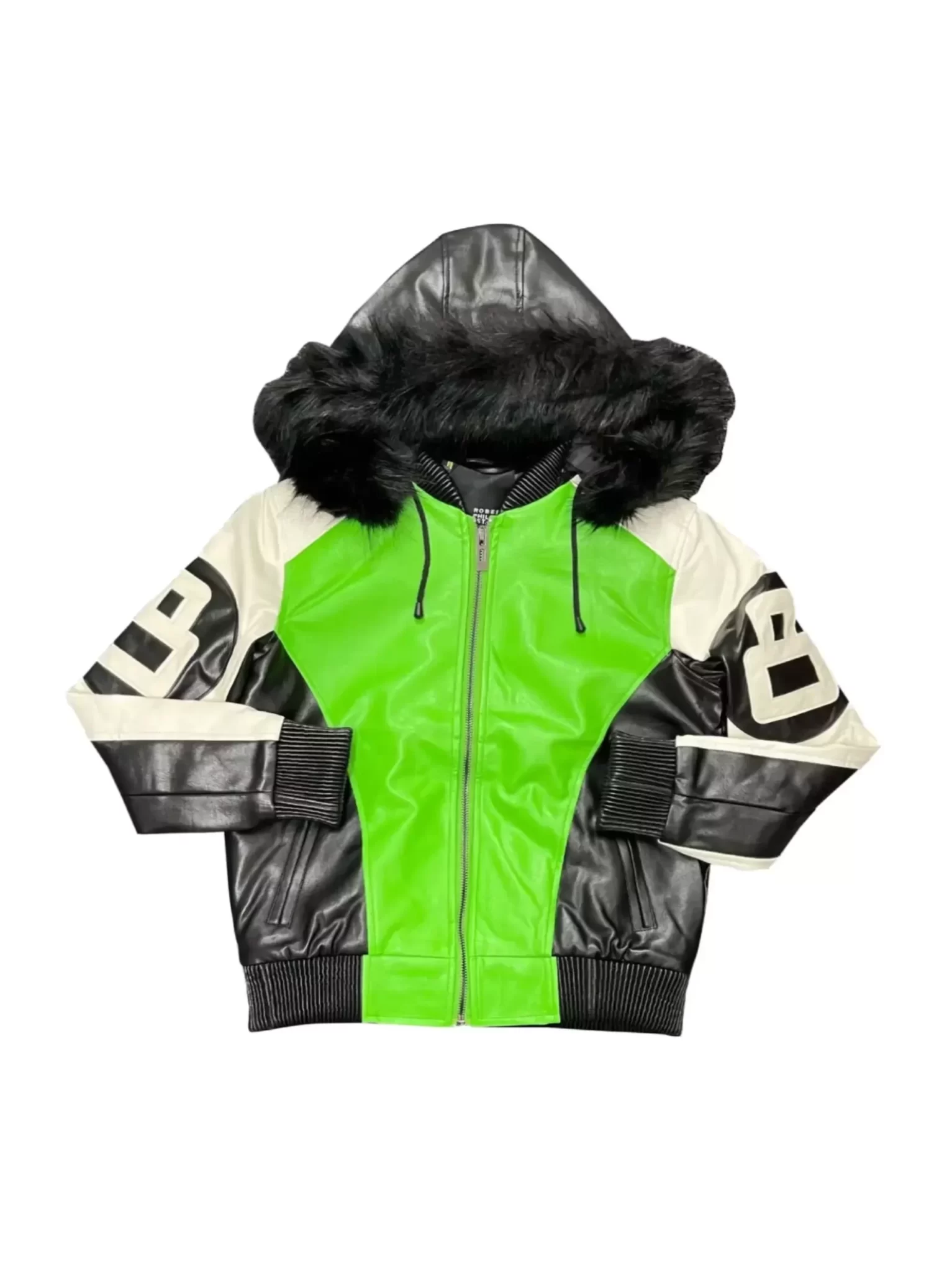 8 Ball Lime Leather Jacket with Fur Hooded