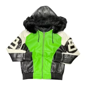 8 Ball Lime Leather Jacket with Fur Hooded