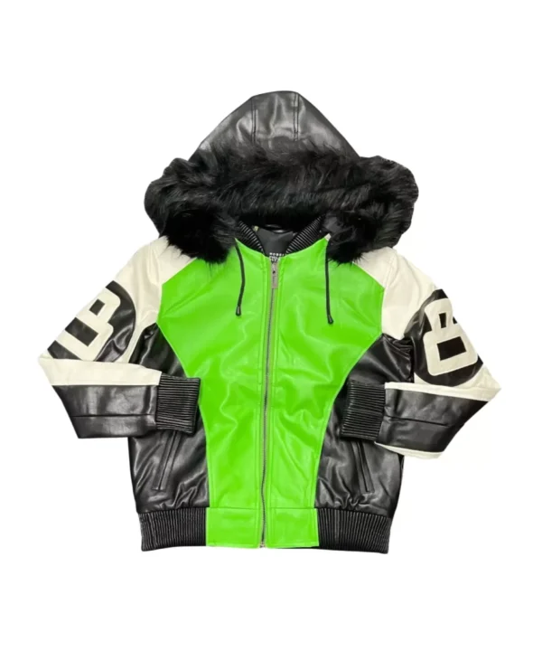 8 Ball Lime Leather Jacket with Fur Hooded