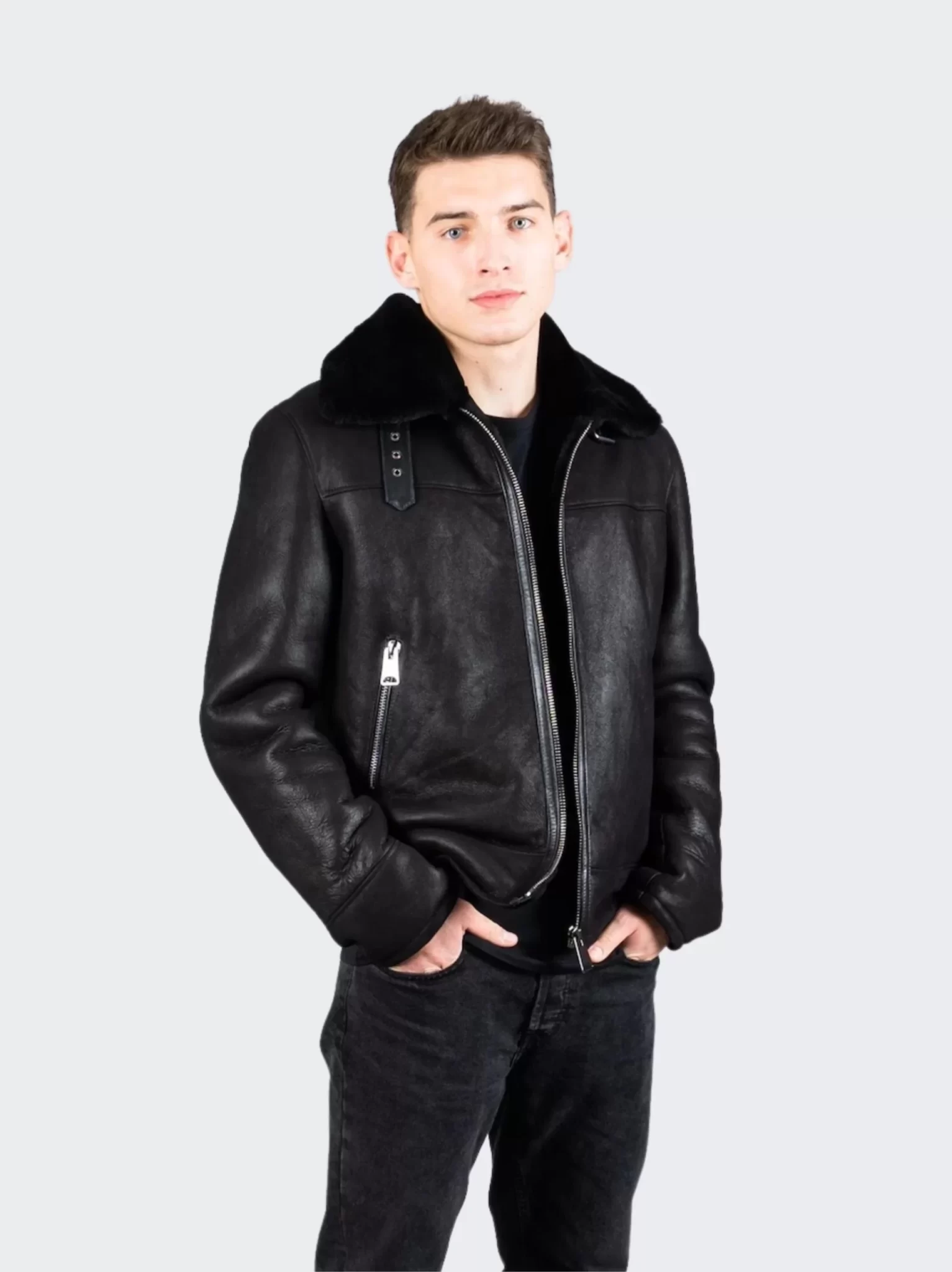 Mens Luxury Shearling Leather Jacket Black