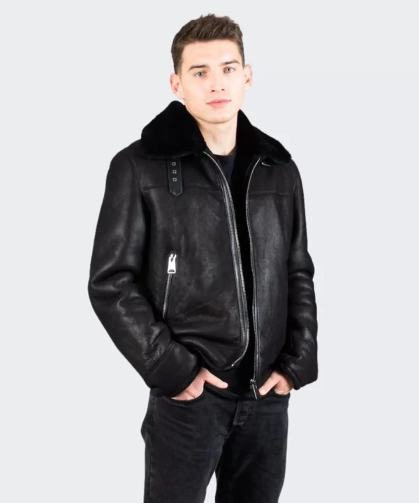 Mens Luxury Shearling Leather Jacket Black