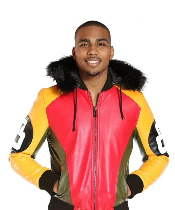 Men’s Tri Color 8 Ball Fur Hooded Leather Jacket