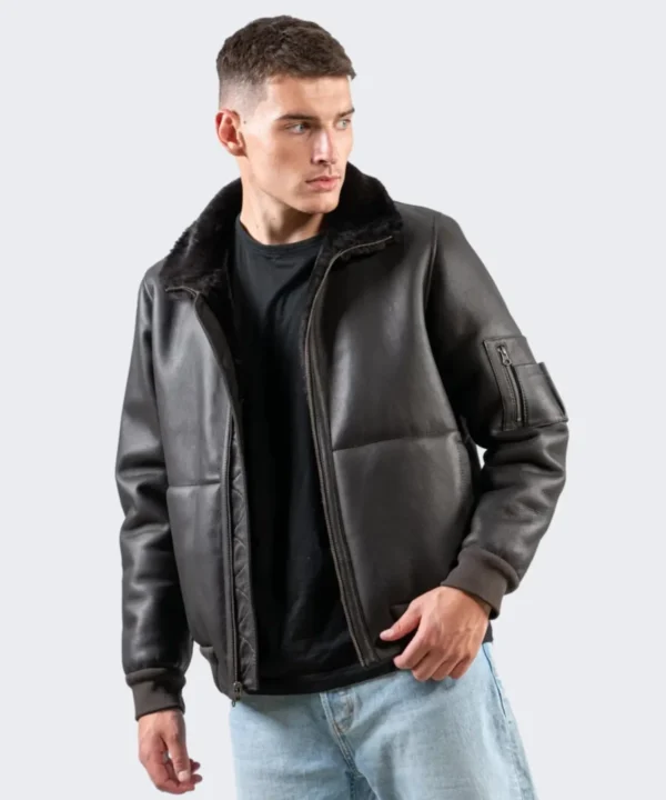 Shearling Leather Black Bomber Jacket