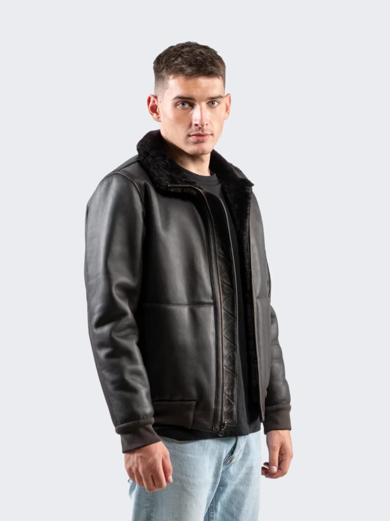 Shearling Leather Black Bomber Jacket