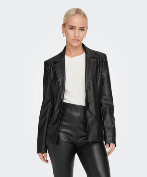 Women Black Genuine Leather Blazer