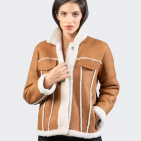 Shearling Trim Suede Leather Jacket For Women