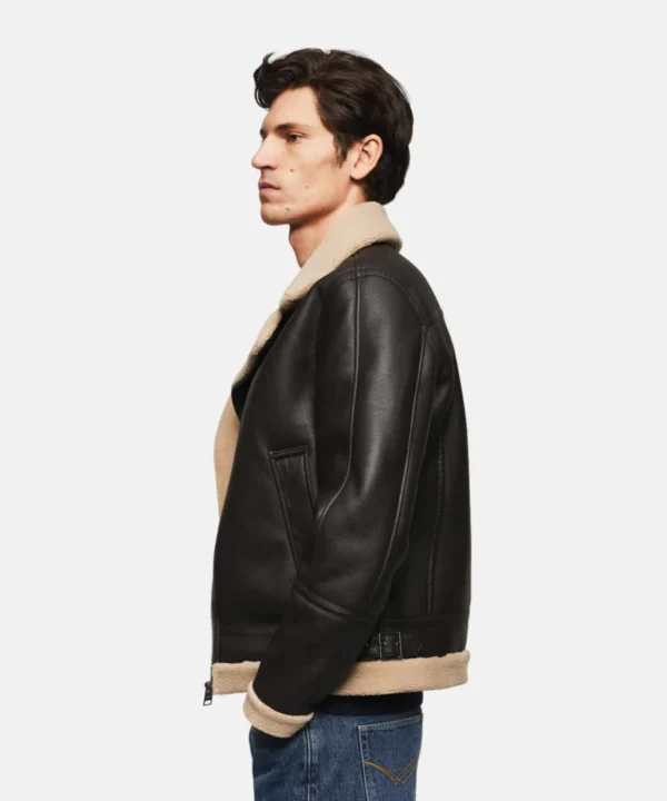 leather shearling bomber brown jacket for men