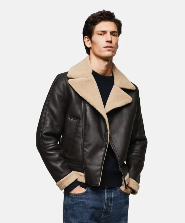 leather shearling bomber brown jacket for men