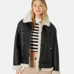 Black Ave Sheepskin Shearling Collar Leather Jacket For Women