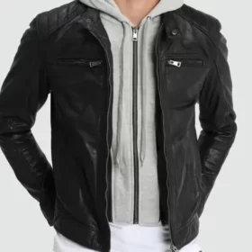 Men's Leo Hooded Cafe Racer Black Leather Jacket