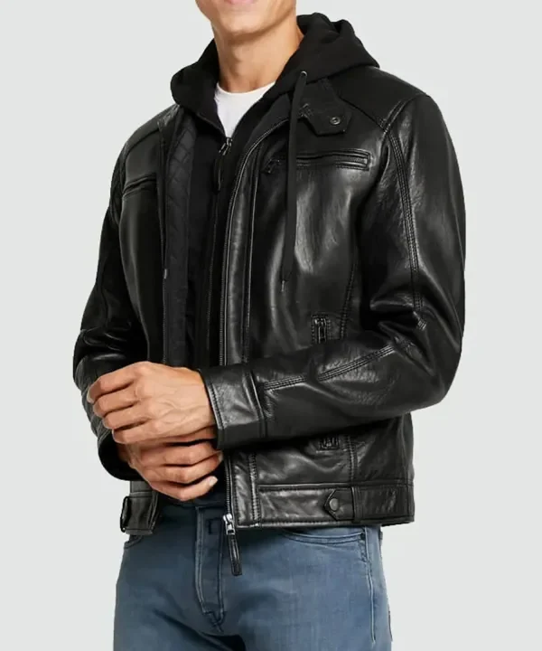 Nils Black Hooded Biker Jacket