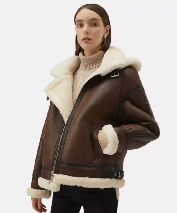 Brown Leather White Shearling Collar Fur Womens Jacket Leather