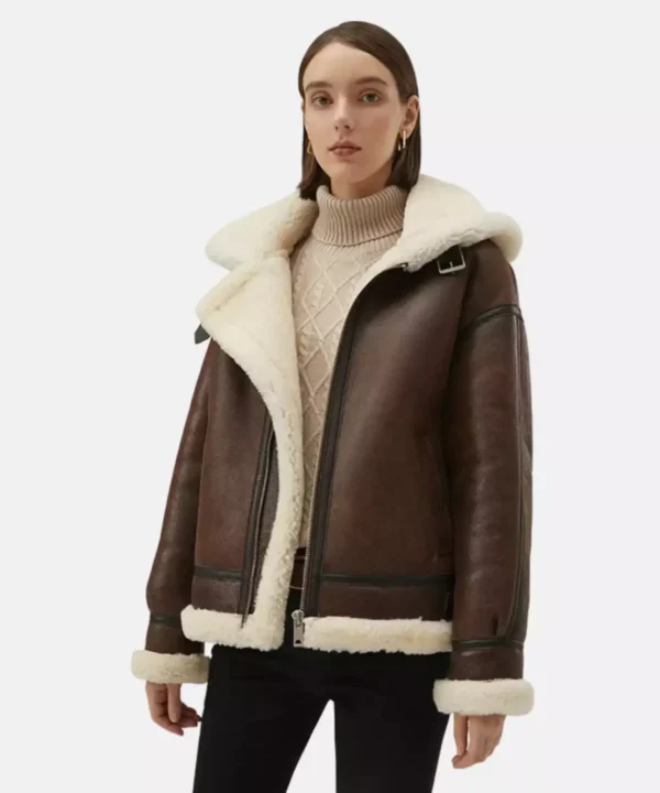 Brown Leather White Shearling Collar Fur Womens Jacket Leather