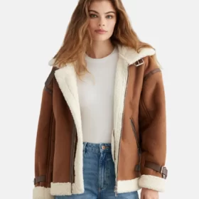 Women’s Brown Aviator Sheepskin Shearling Leather Jacket