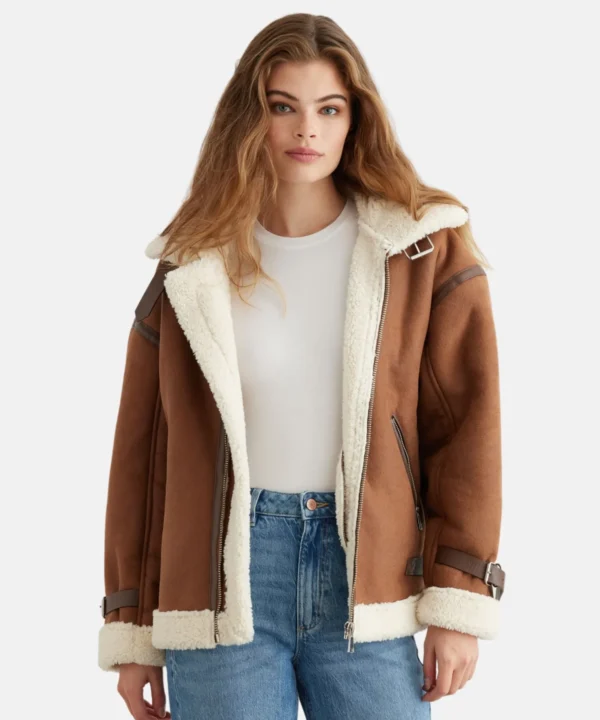 Brown Real Shearling Aviator Women Leather Jacket