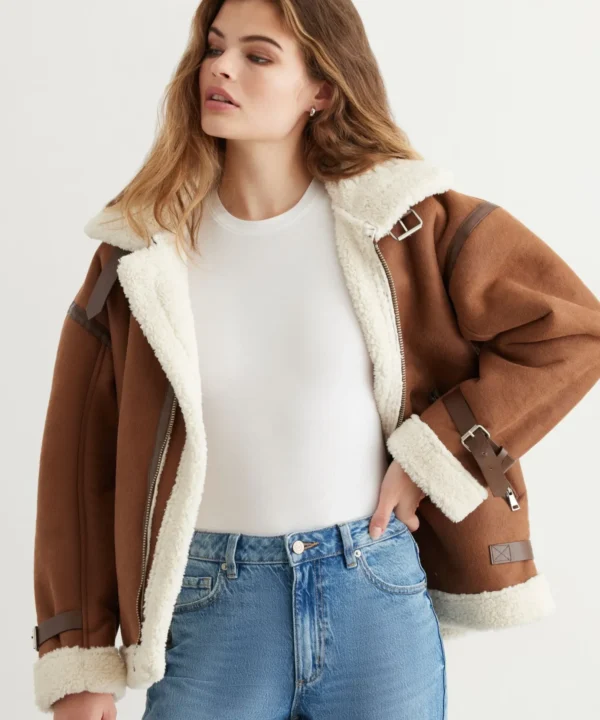 Brown Real Shearling Aviator Women Leather Jacket