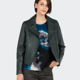 Women’s Green Cropped  Biker Leather Jacket