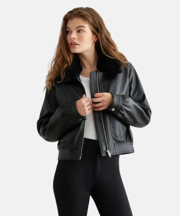 Faux Shearling Leather Bomber Jacket Women