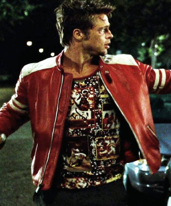 Fight Club (Tyler Durden) Mayhem Red Leather Jacket With White Stripes-01