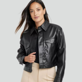 Womens Calvin Klein Jet Black Leather Moto Jacket