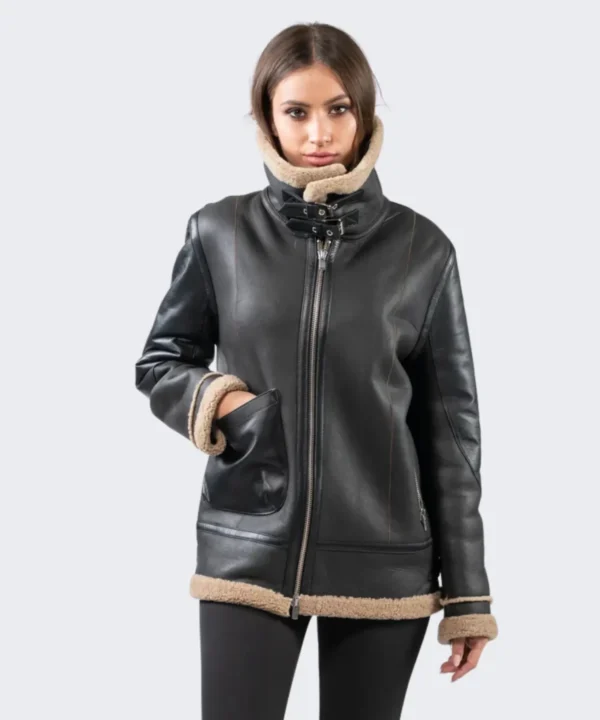 Maya Sheepskin Black Shearling Leather Jacket