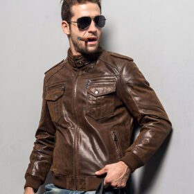 Men’s Brown Bomber Leather Jacket with Rib Collar