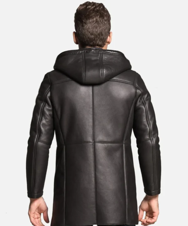 Mens Hooded Black Shearling Long Coat