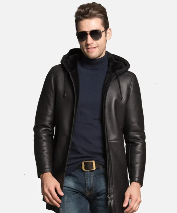 Mens Hooded Black Shearling Long Coat