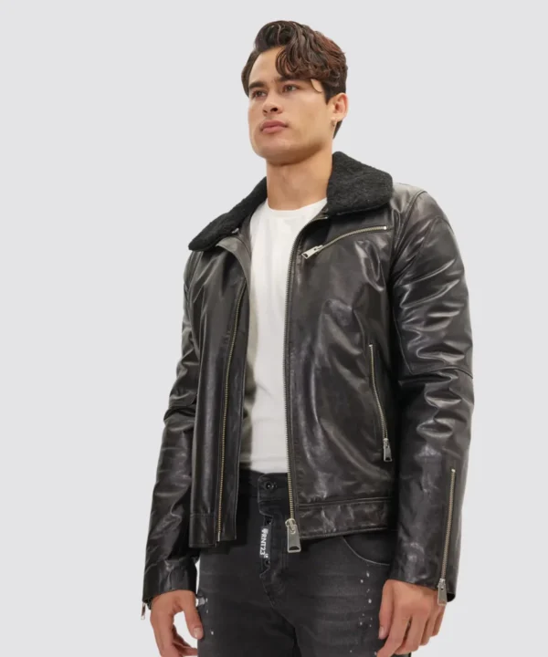 Mens Style Shearling Collar Leather Jacket