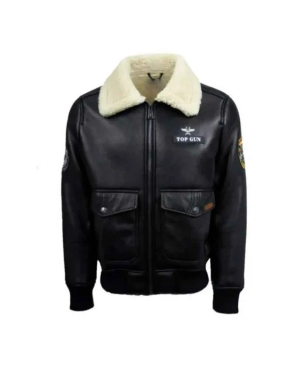 Mens Top Gun Shearling Black Leather Jacket