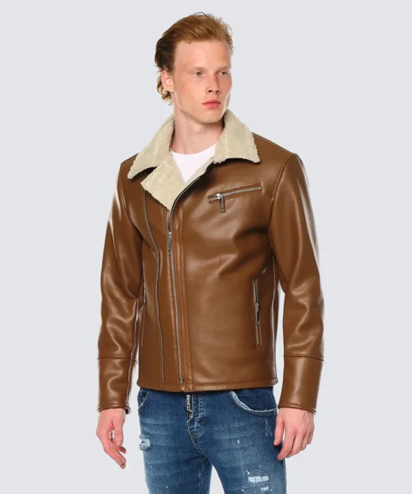 New Biker Russet Color Shearling Leather Jacket