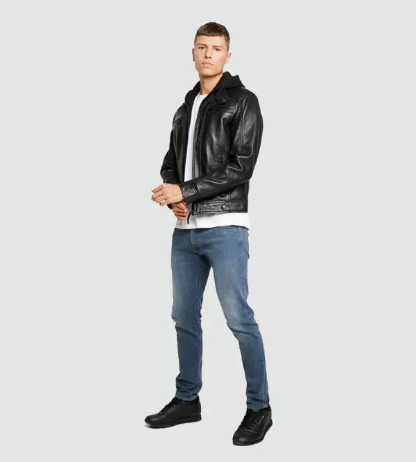 Nils Black Hooded Biker Jacket full