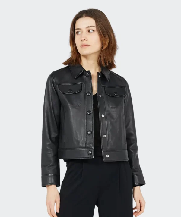 Women’s Classic Collar Trucker Leather Jacket