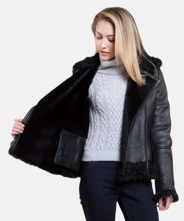 Women Biker Leather Shearling black jacket