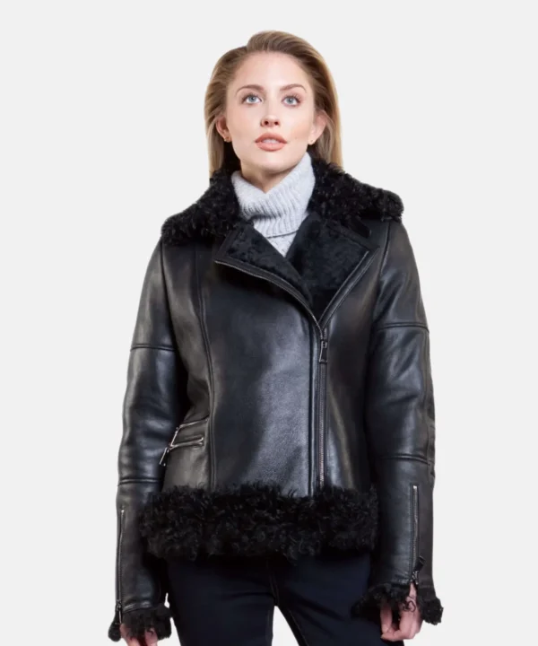 Women Biker Leather Shearling black jacket