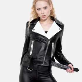 Women Black & White Biker Leather Jacket