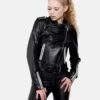 Women Black And White Biker Style jacket By Leather